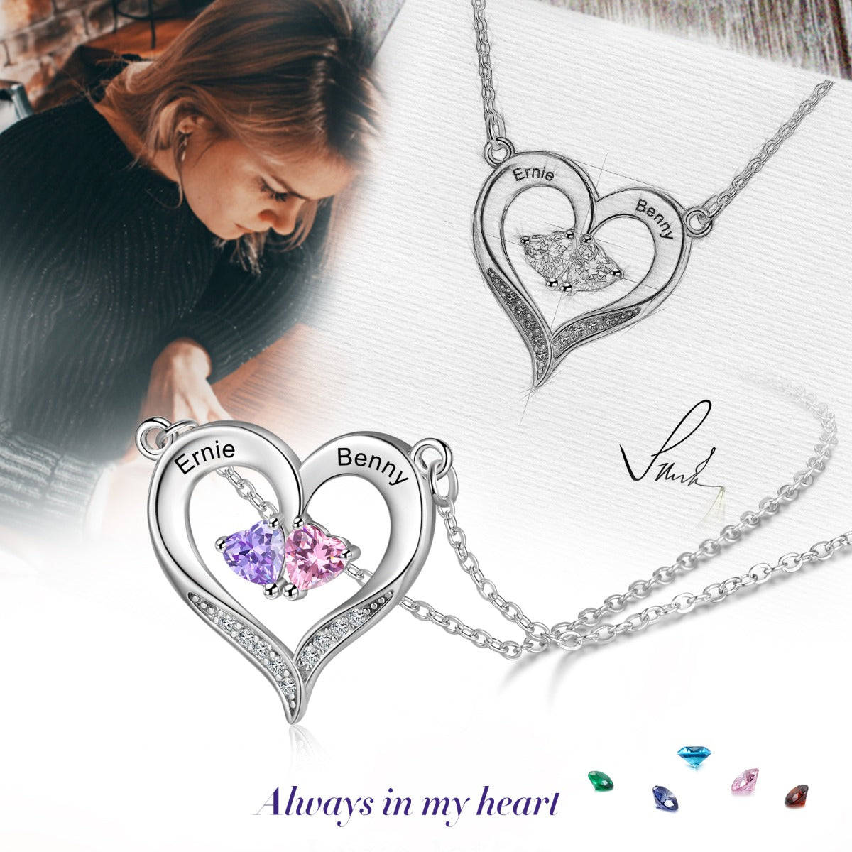 Heart of Two Birthstones Necklace