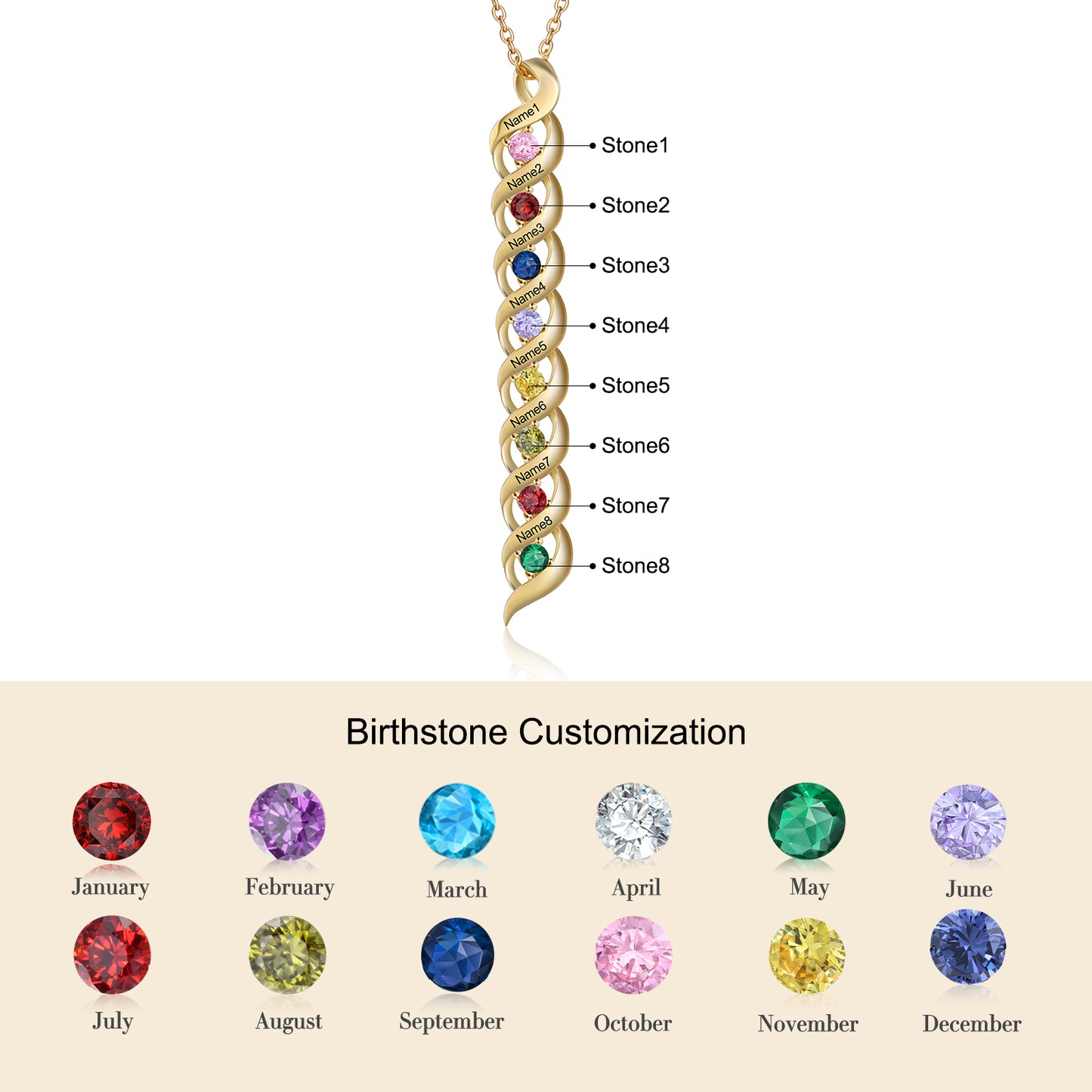 Custom 1 to 10 Birthstone Necklace