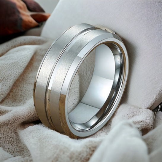 ConcaveShine Brushed Silver Tungsten Ring