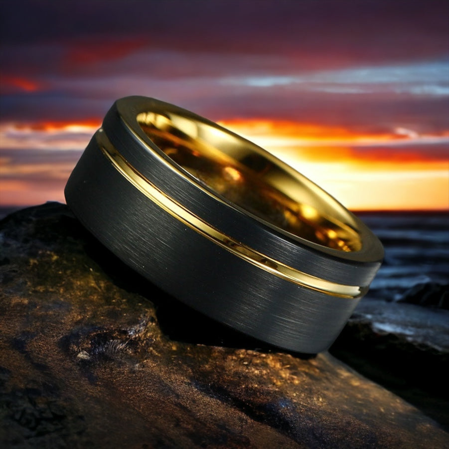 Noir Gold Groove Tungsten Ring