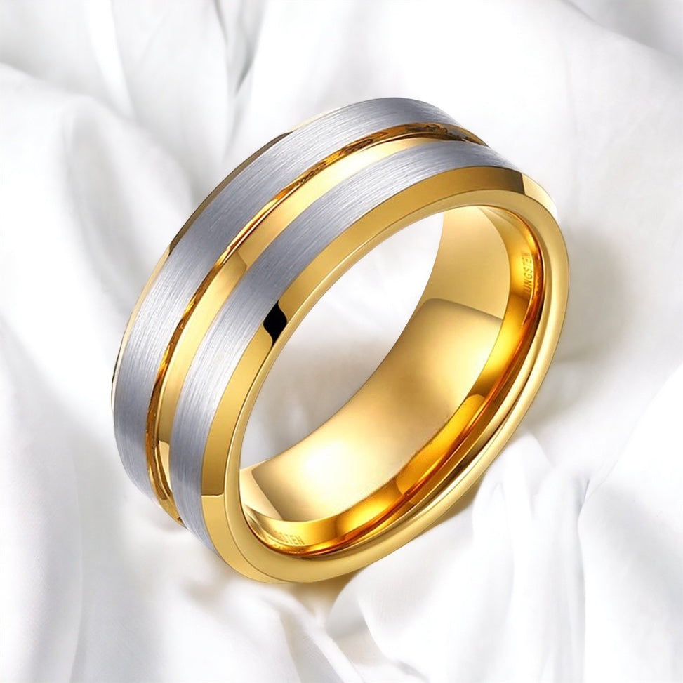 Silver Strike Gold Tungsten Ring